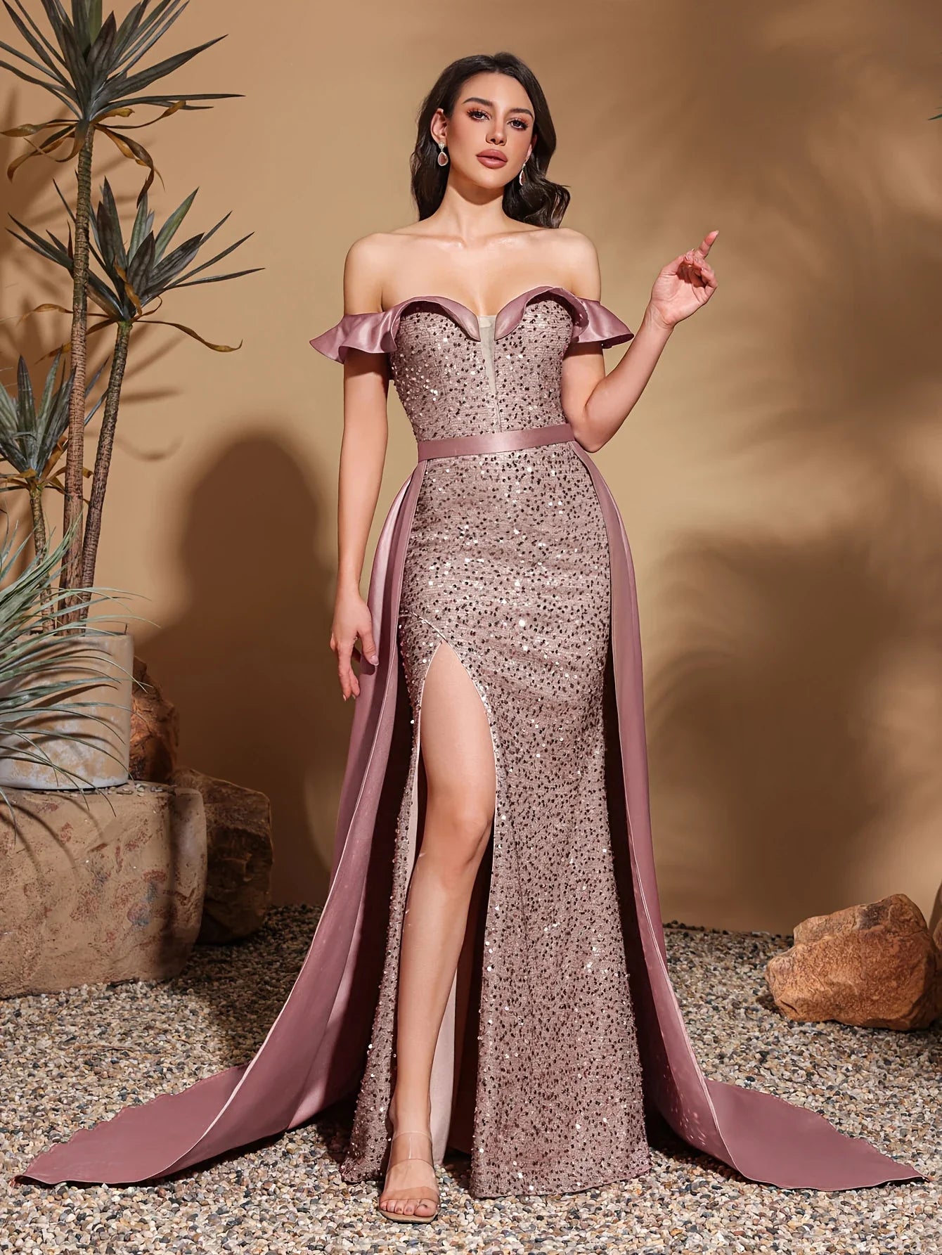 Sequined off-the-shoulder pleated collar satin floor-length dress