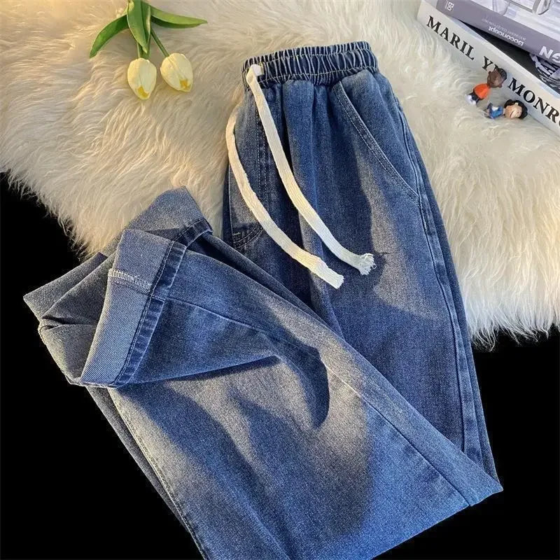 Loose Fit High Waist Elastic Waistband Summer Thin Denim Jeans Women Straight Leg Nine-Tenths Length Trendy American Street Styl