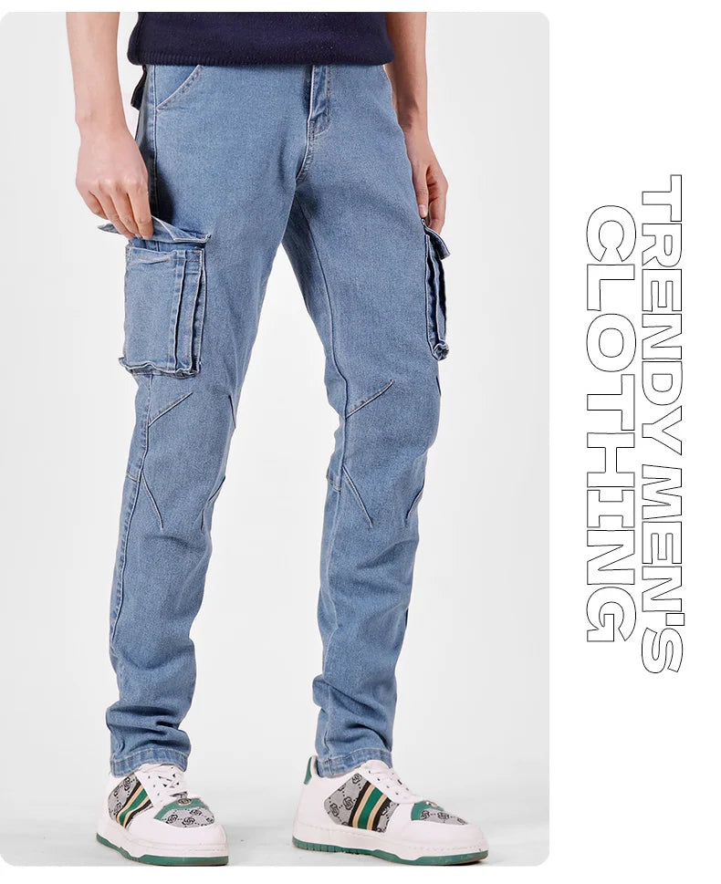 Men's Jeans Street Style Waist Denim Cargo Pants Solid Color Washed Slim Fit Casual Jeans with Multiple Pockets for Daily Wear