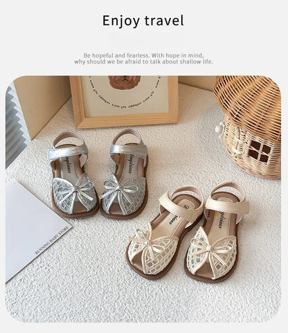 New Summer Girls Sandals Princess Beach Shoes Braided Peep-toe Kids Sandals Butterfly-knot Sweet Soft Breathable Footwear I10317