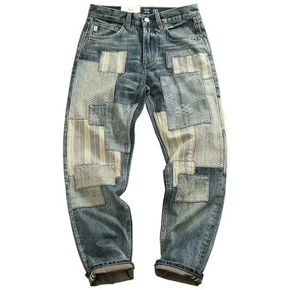 Autumn and Spring New Fashion Trend Printed Ripped Straight Leg Jeans Men's Casual Loose Vintage Sports High-grade Denim Pants