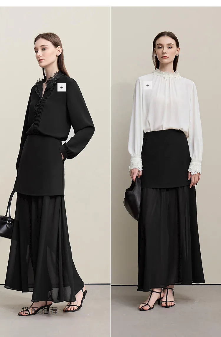 Women's Skirt 2026 Spring New Elegant Patchwork Chiffon Long Skirt Solid Color Straight Versatile Woman Clothes 12641047