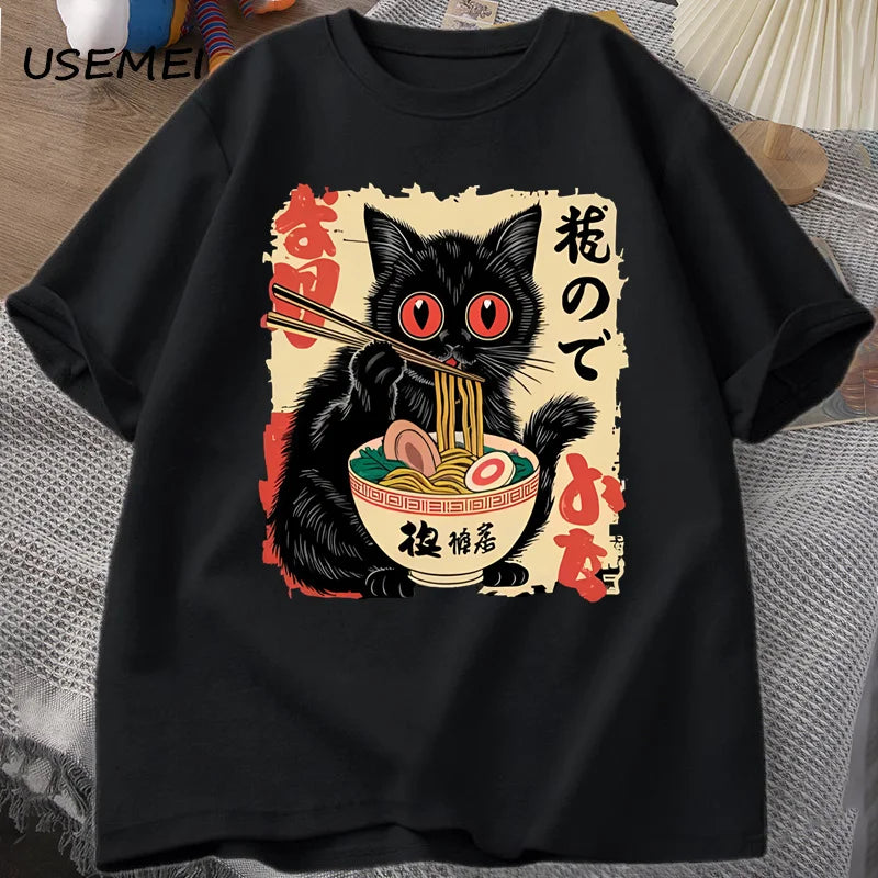 Vintage Japanese Black Cat Ramen T Shirts Cute Graphic Tee Funny Cat Eating Ramen T-Shirt Printing Cotton Short Sleeve Vintage