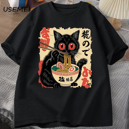 Vintage Japanese Black Cat Ramen T Shirts Cute Graphic Tee Funny Cat Eating Ramen T-Shirt Printing Cotton Short Sleeve Vintage