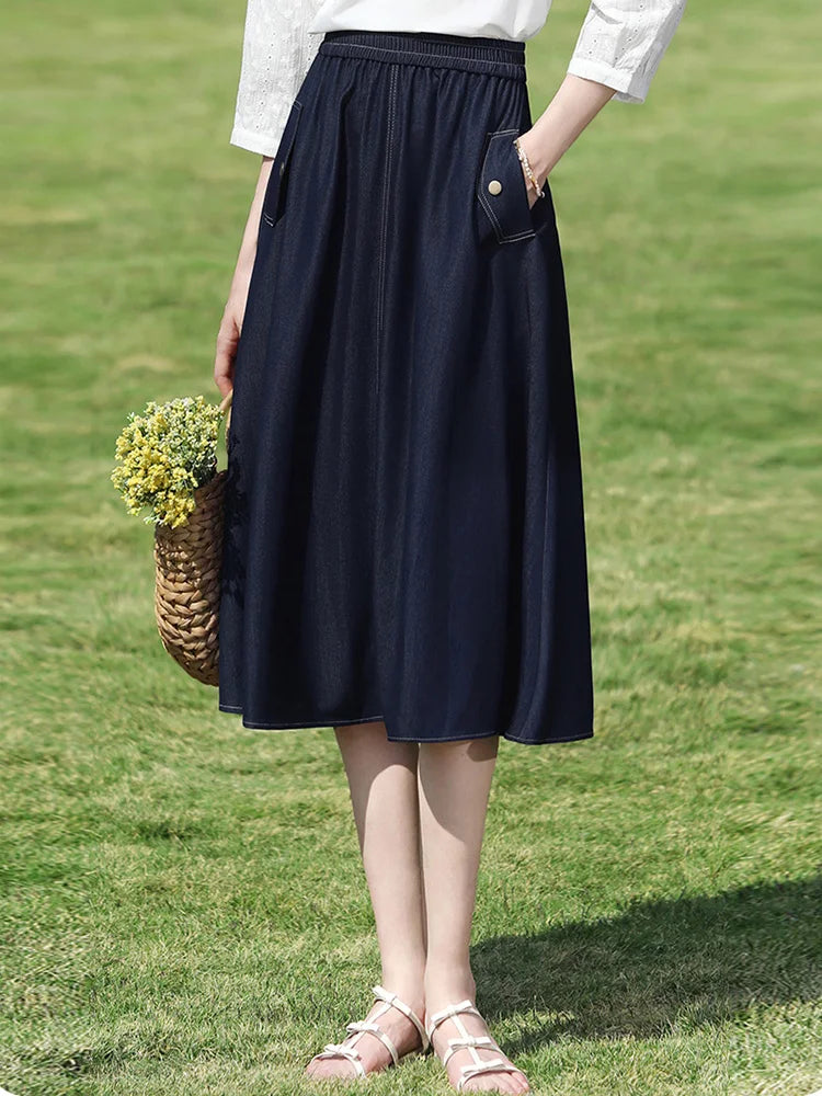 Dark Blue Denim Midi Skirt for Women 2026 Spring Elastic Waist Skirts Casual A-Line Skirt with Pockets 2261026207