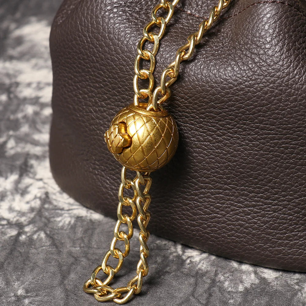 Metal Drawstring Versatile Women's Handbag Genuine Leather Chain Crossbody Bag Vintage Bucket Bag Mobile Phone Bag