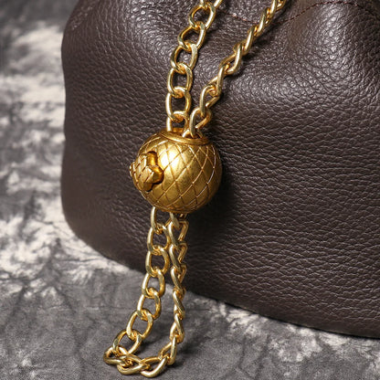 Metal Drawstring Versatile Women's Handbag Genuine Leather Chain Crossbody Bag Vintage Bucket Bag Mobile Phone Bag