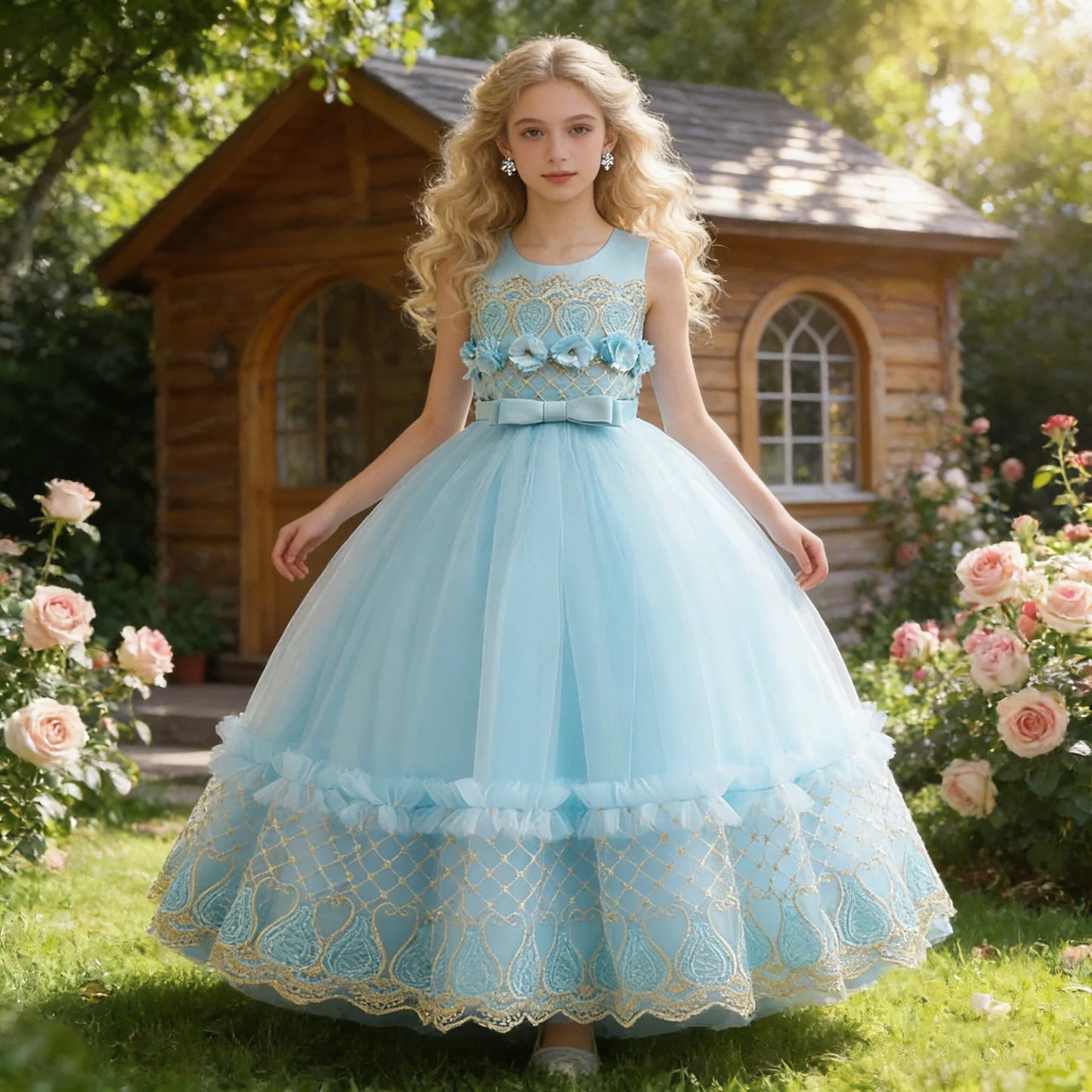 Summer Flower Bridemaid Girl Dresses Elegant Embroidery Princess Party Wedding Evening Dress for Girls Bow Birthday Prom Costume