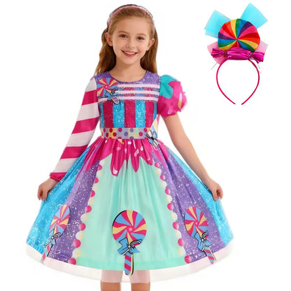 Presente Clássico para Festa de Carnaval de Purim para Meninas Vestido Arco-Íris Assimétrico Longo e Curto com Manga Doce Conjunto de Vestidos Fofos para Férias de Natal