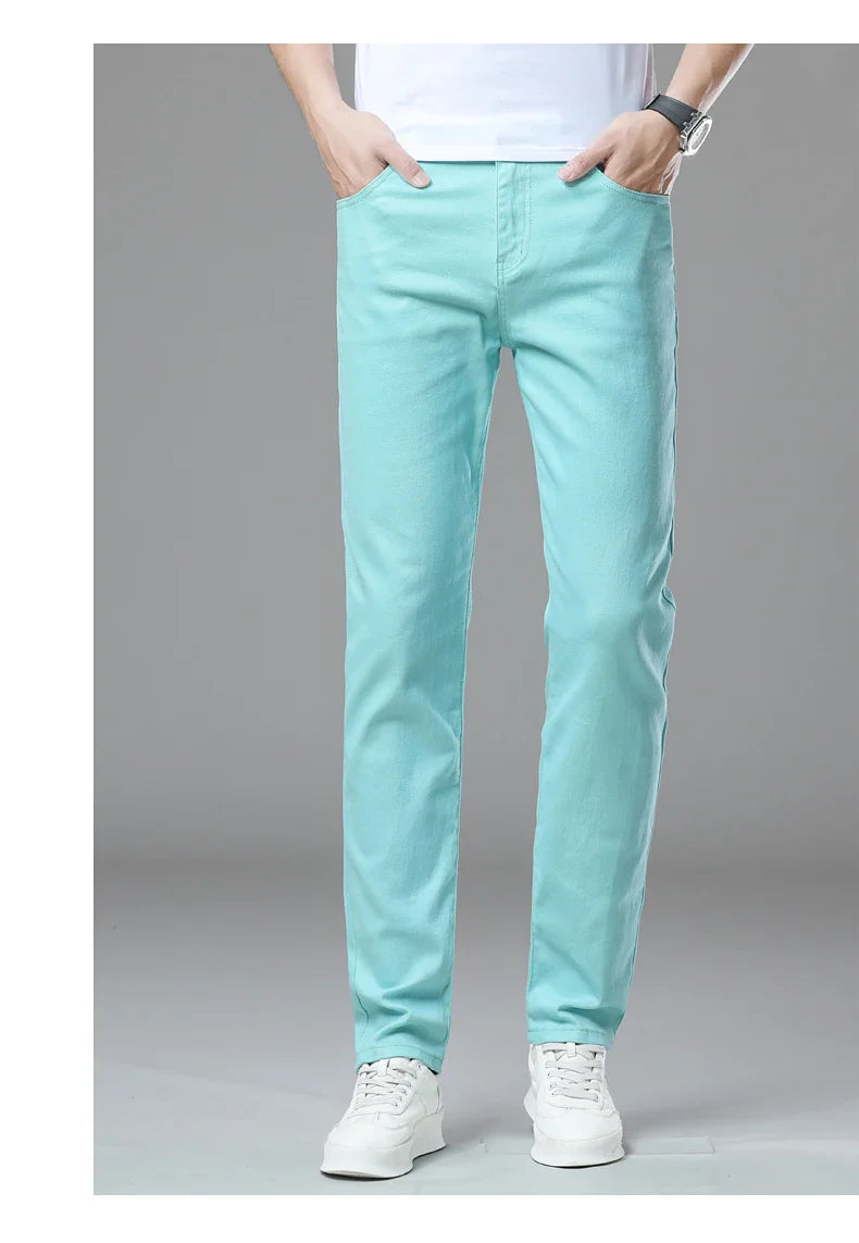 Straight Fashion Men's Jeans Solid Color Casual Business Stretch Washed Denim Trousers Breathable Streetwear Trendy Male Pants