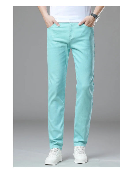 Straight Fashion Men's Jeans Solid Color Casual Business Stretch Washed Denim Trousers Breathable Streetwear Trendy Male Pants