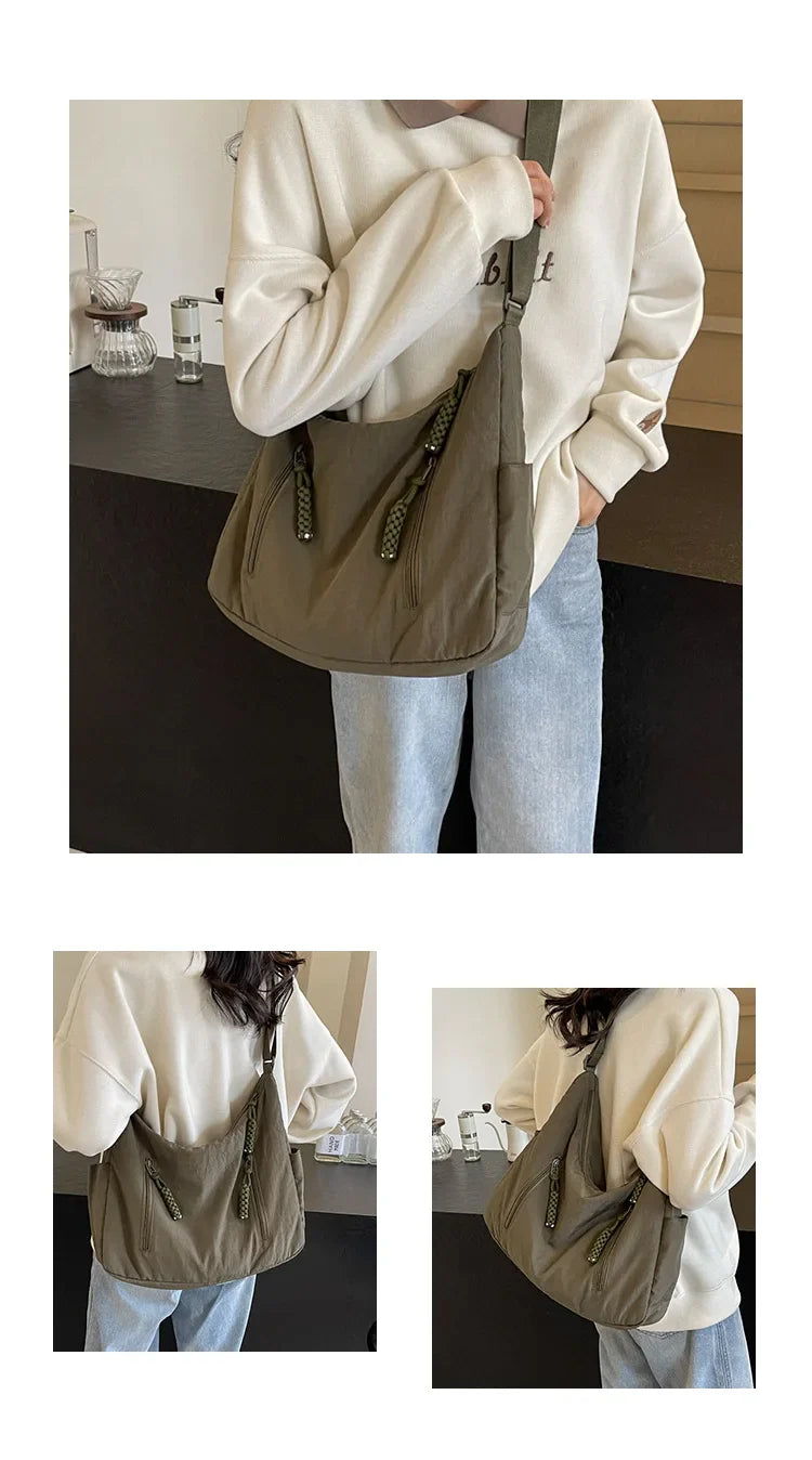 Summer Women Solid Color Shoulder Bag Fashion Lightweight Versatile Travel Crossbody Bag Commuter Nylon Large Capacity Hobo Bag