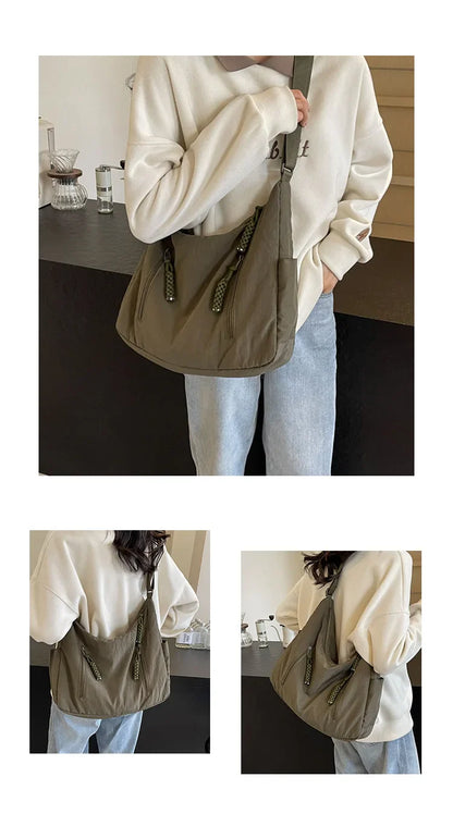 Summer Women Solid Color Shoulder Bag Fashion Lightweight Versatile Travel Crossbody Bag Commuter Nylon Large Capacity Hobo Bag