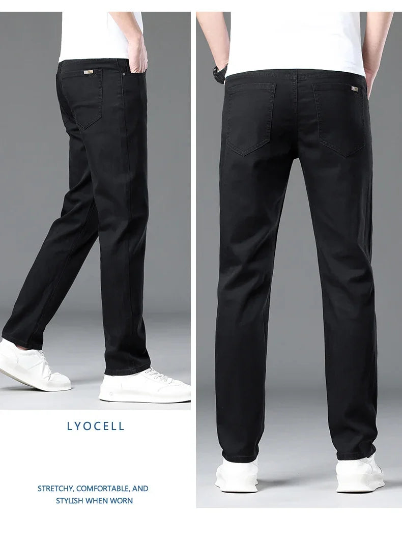 Summer Lyocell Ultra-thin Jeans Men Straight Stretch Breathable Denim Pants Fashion Business Casual Male Trousers Black Gray