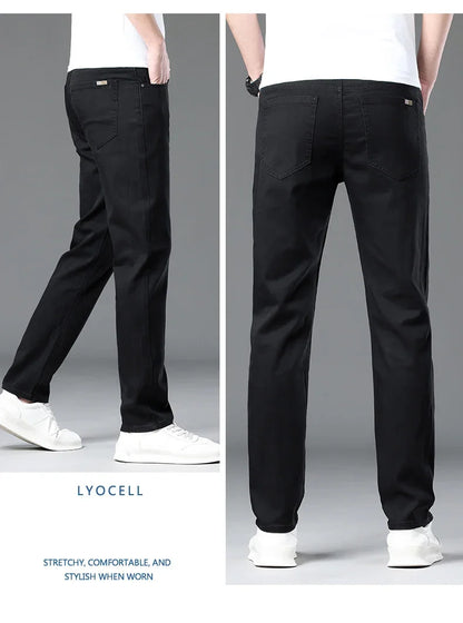 Summer Lyocell Ultra-thin Jeans Men Straight Stretch Breathable Denim Pants Fashion Business Casual Male Trousers Black Gray