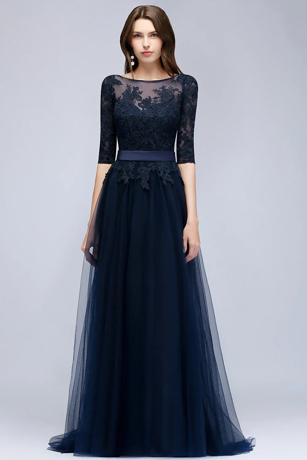 Vestidos de Renda Decote Redondo Noite Elegantes Meia Manga Aplicações Tule Festa Formal Longo Sem Costas Com Cinto Robe De