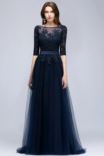 Vestidos de Renda Decote Redondo Noite Elegantes Meia Manga Aplicações Tule Festa Formal Longo Sem Costas Com Cinto Robe De
