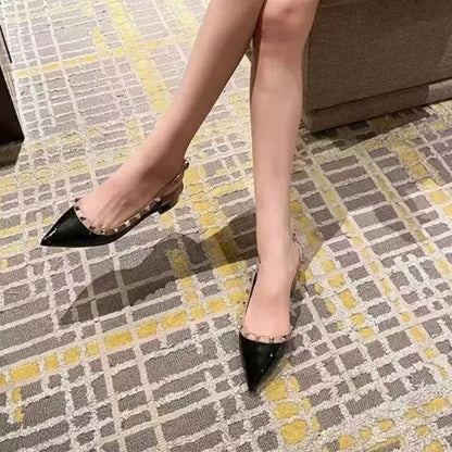 High-quality fashionable high-heeled shoes. Women's retro rivet pointed-toe patent leather casual comfortable office sandals