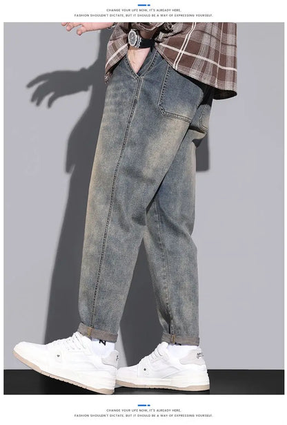 Retro American Style Men's Jeans Loose Fit Heavy Casual Slim Leg Cotton Pants Elastic Waist Korean Denim Jeans for Spring Autumn