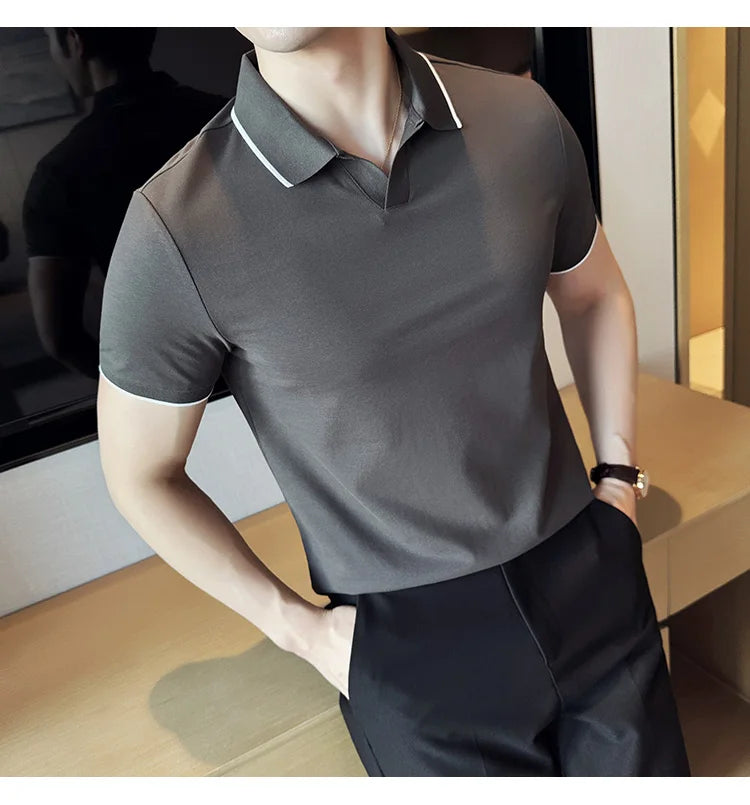 Business Casual Solid Color Men's Polo Shirt, 2024 Summer Classic, Men Short Sleeve V-neck T-shirt, Slim Fit Spliced Polo 4XL-M