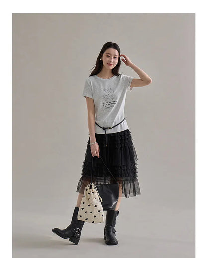 Korean Style Lace Elastic Waist Cake Skirt Mesh Puffy Skirt Women's Dress Knee Length Casual A-Line Skirt Micro Stretch No Slit
