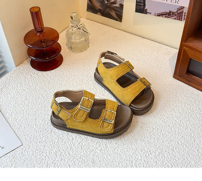 Kids Suede Strappy Sandals for Boys Girls 2025 Summer Toddler Beach Barefoot Shoes Non-slip Versatile Comfort Casual Sandals Ins