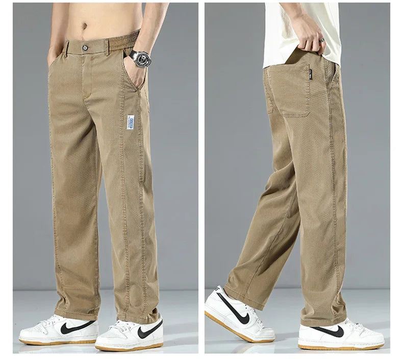 Summer Thin Men's Loose Straight Jeans Lyocell Soft Drape Business Casual Trousers Classic Smoke Gray Brand Ice Silk Denim Pants