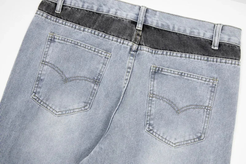 American retro washed letter spliced denim trousers high street trendy brand couple loose straight micro-flared long trousers