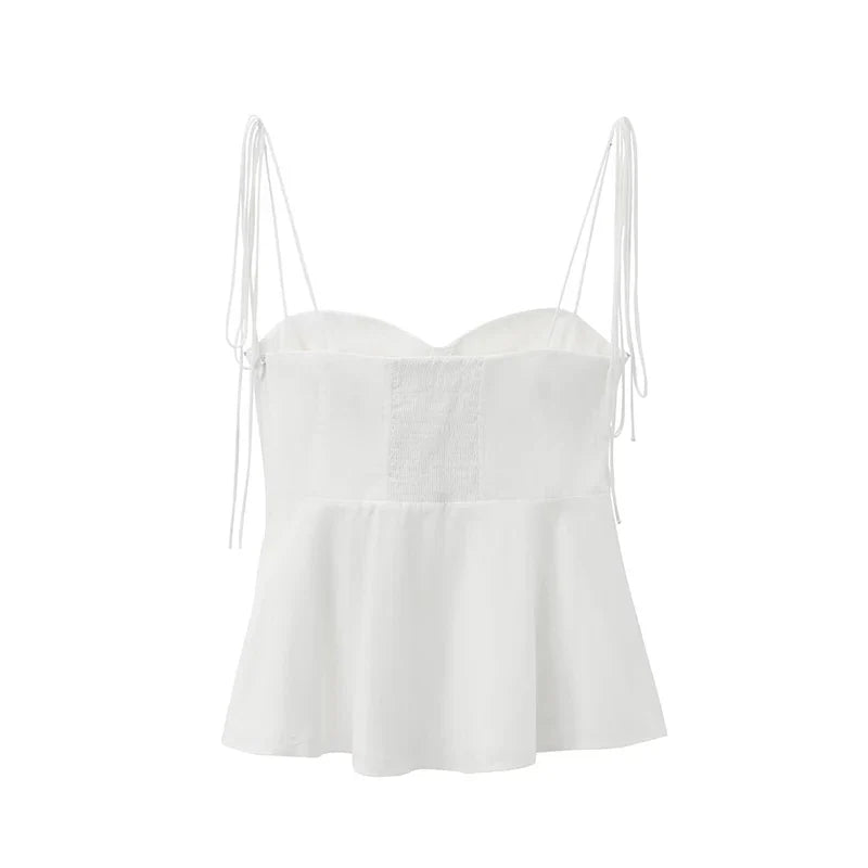 Women Fashion Solid Pleated Backless Side Zipper Cropped Tops Vintage Thin Straps V-Neck Female Chic Lady Crop Top
