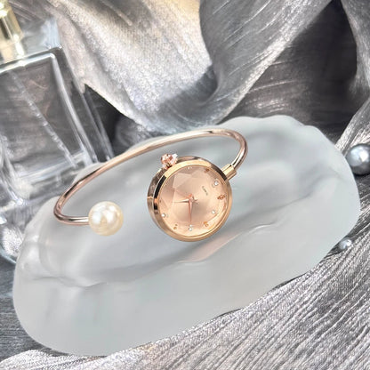 Women's Slim little bracelet 1 large pearl diamond cut glass rhinestone dial Minimalist quartz watch Bracelet Watch