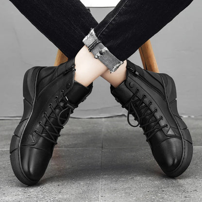 Black Leather Men Ankle Boots Winter Outdoor Casual Shoes No-slip High Top Male Work Shoes High Quanlity Light Man Chelsea Boots