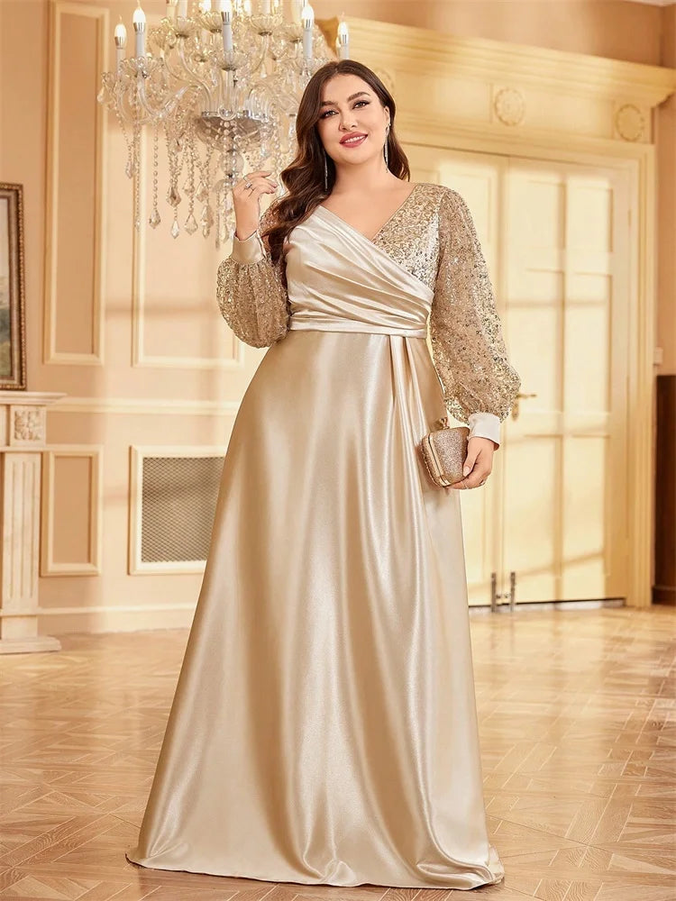 Plus Size Luxury Green V-Neck Sequins Evening Dress Elegant Women Party Maxi Dress Long Sleeve Cocktail Gowns Prom
