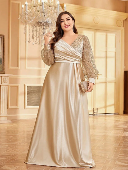 Plus Size Luxury Green V-Neck Sequins Evening Dress Elegant Women Party Maxi Dress Long Sleeve Cocktail Gowns Prom