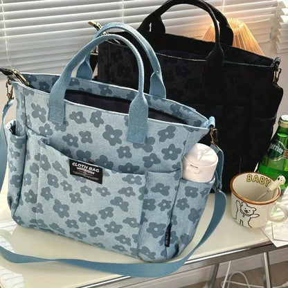 3D Floral Design Tote Bag, Thickened Zipper, Multifunctional Canvas Bag, Student Computer Handbag Shoulder Crossbody School Bag,
