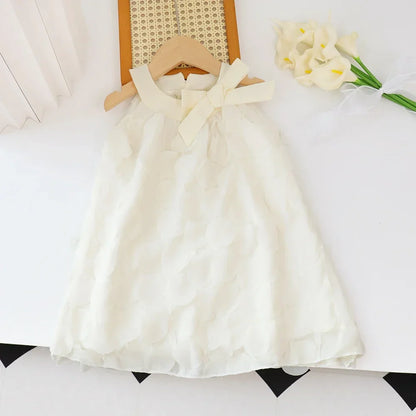 Summer New Pure White Sweet Hanging Neck Bow Petal Princess Dress Girls' Casual Clothes 2-7th Birthday Party Stage Wear