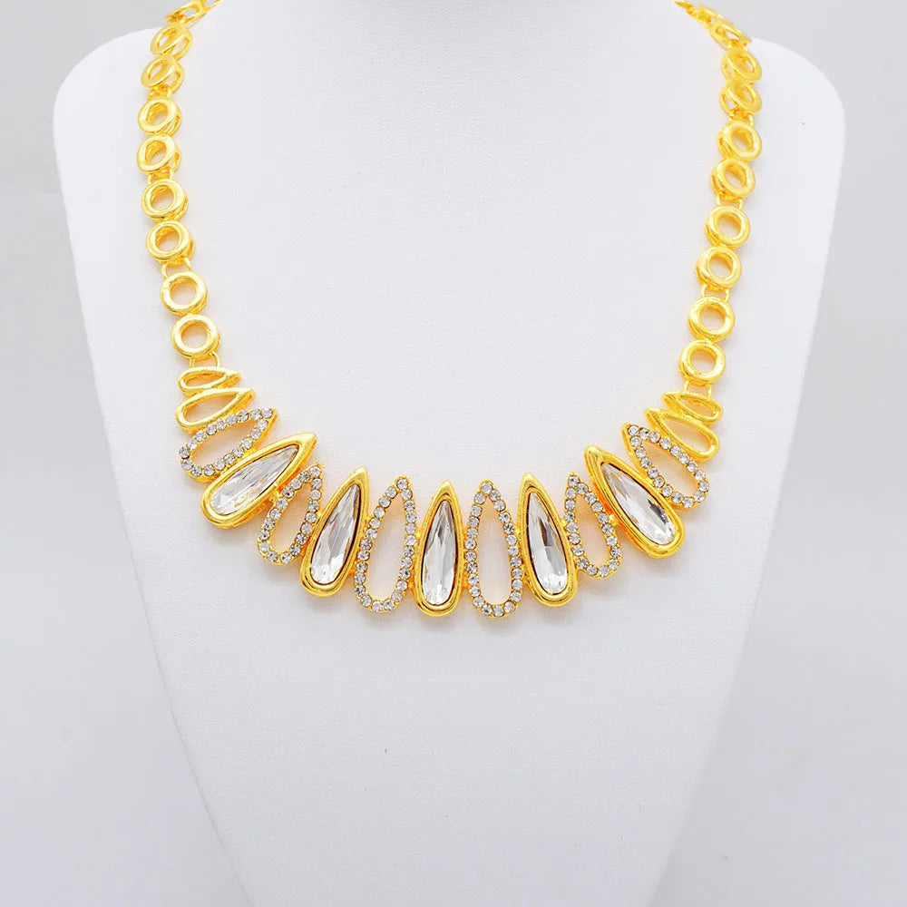 Women Gold Color Jewelry Sets Blue Pendant Necklace Earrings Bracelet Ring Sets Party Gifts