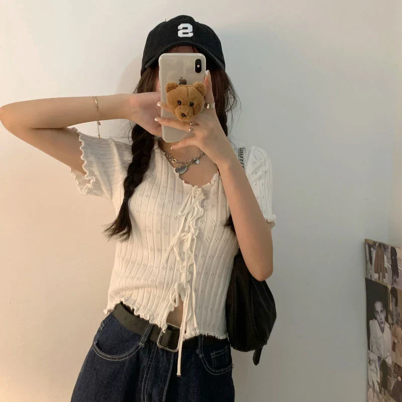 TShirt For Women V-neck Summer Simple Versatile Casual Crop Tops Bandage Ribbed Short Sleeve Women's Top T-Shirt Girl
