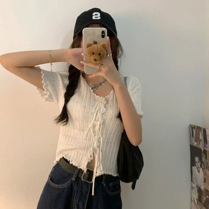 TShirt For Women V-neck Summer Simple Versatile Casual Crop Tops Bandage Ribbed Short Sleeve Women's Top T-Shirt Girl