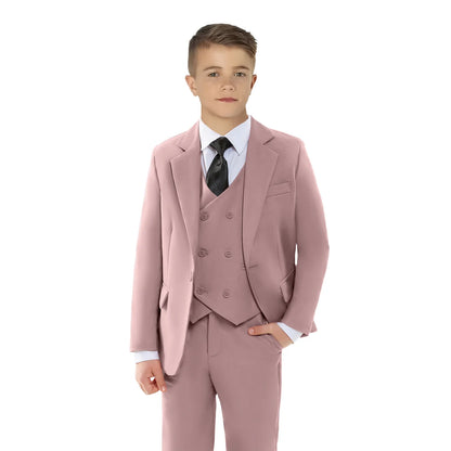 Boy's Solid 4-Piece Suit Set, Single Button Blazer Jacket, Vest, Pants Bow-tie, Wedding Party Dresswear for Kids In Stock