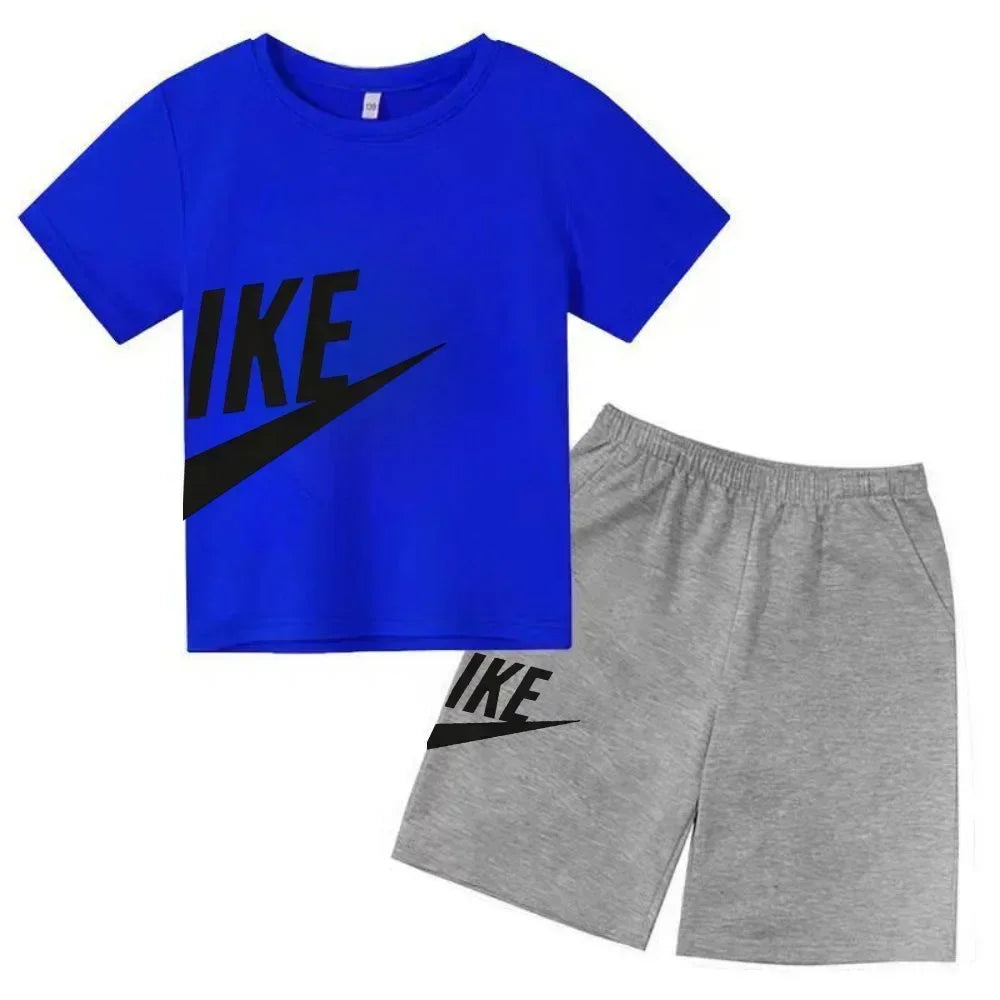 Fashion Sport 2Pcs Outfit, Printed Short Sleeve Tee and Shorts, Comfortable Summer Tracksuit for Boys Girls