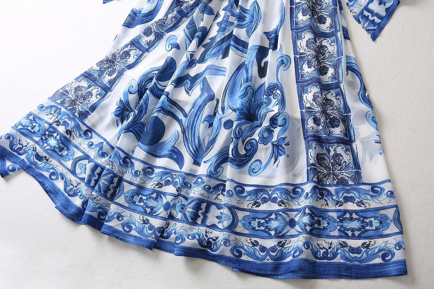 Red Blue And White Porcelain Print Holiday Dress Summer Vintage Bohemia Dress Women's  Loose Lace Up Belt Long Robe Vestido