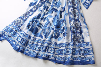 Red Blue And White Porcelain Print Holiday Dress Summer Vintage Bohemia Dress Women's  Loose Lace Up Belt Long Robe Vestido
