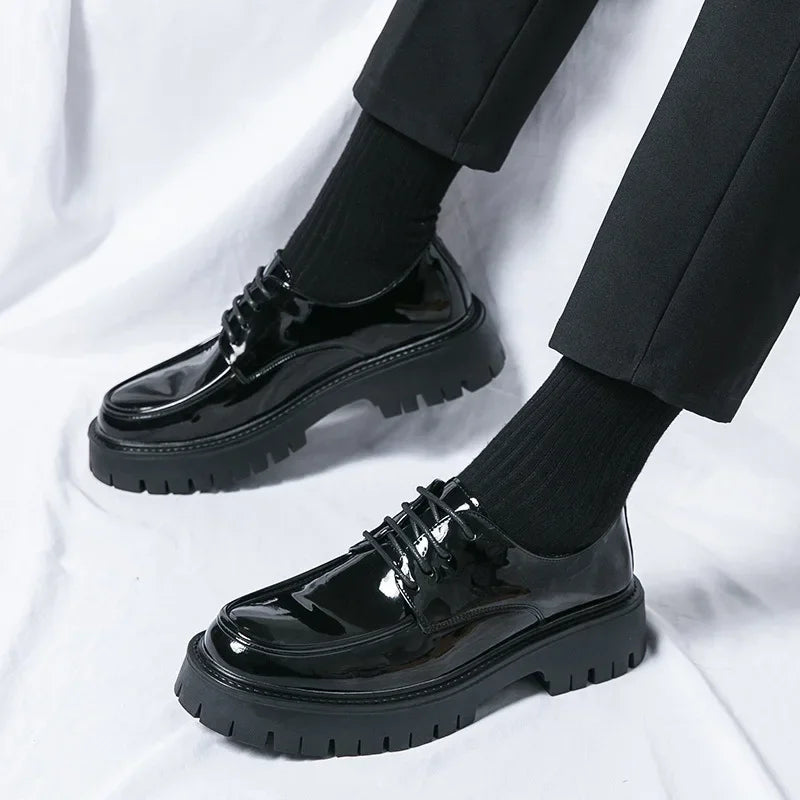 Men's Business Formal Shoes Thick Bottom Polish Leather Shiny Surface Large Size 47 round Toe Shoes Fashionable Workwear