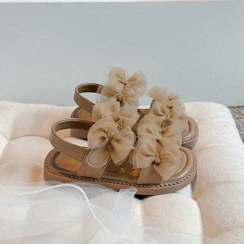 Sweet Princess Shoes Girl Tulle Lace Butterfly-knot Chic Summer Wedding Party Shoes Sandals for Child Girls Holiday Shoes I11155