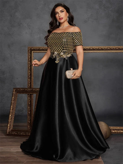 Plus Size Elegant Short Sleeve Sequins Splicing Formal Evening Dresses Women Luxury Party Bridesmaid Cocktail Gowns