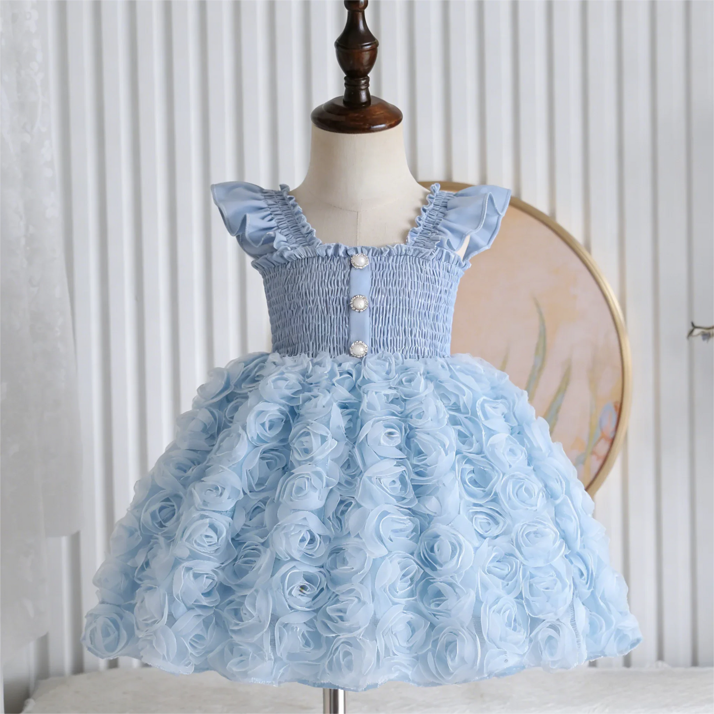 Girls' Sky Blue Tulle Dress - 3D Rose Appliqué Skirt, Pearl Buttons Vintage Chic Party Gown