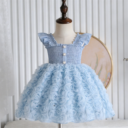 Vestido de Tule Azul Celeste para Meninas - Saia com Apliques de Rosas 3D, Botões de Pérola, Vestido de Festa Vintage Chique
