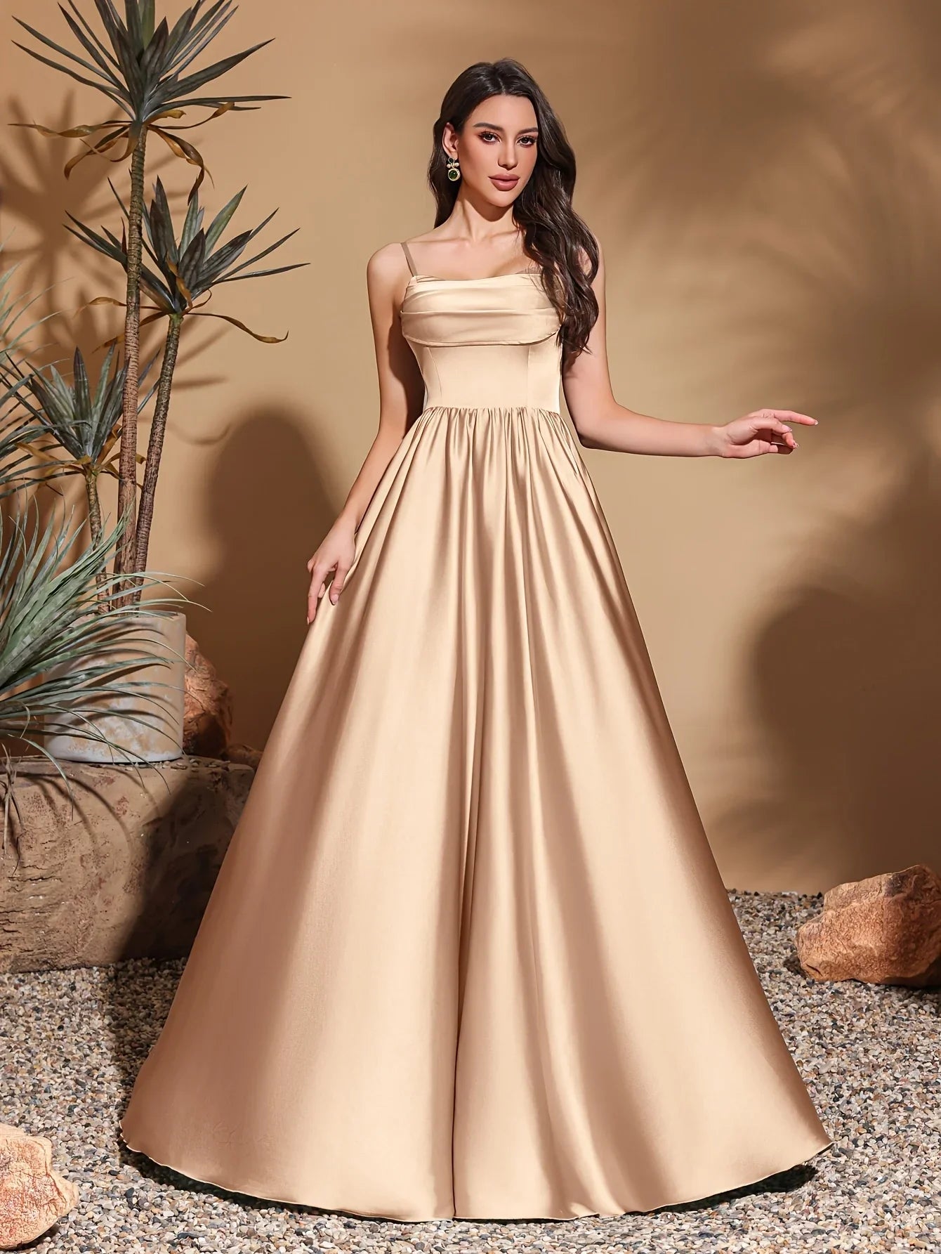 Strapless chest pleated satin high waist floor-length gown, women's long dress, party dress