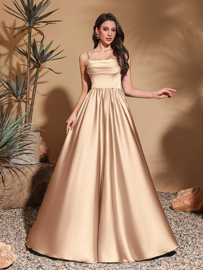 Strapless chest pleated satin high waist floor-length gown, women's long dress, party dress