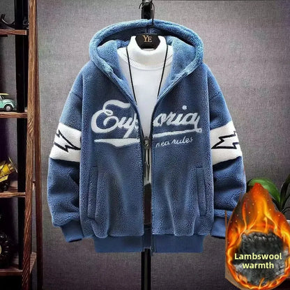 Jaqueta de Algodão Masculina para Estudantes, Blusão de Veludo Cordeiro Grosso Forrado com Fleece, Ajuste Solto Casual, Agasalho Quente para Outono Inverno
